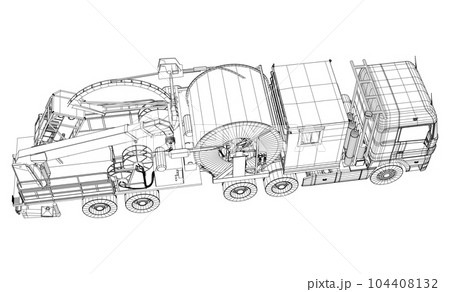 Oilfield coiled tubing equipment. Coiled tubing reel on a trailer Oilfield coiled tubing equipment. Coiled tubing reel on a trailer 104408132