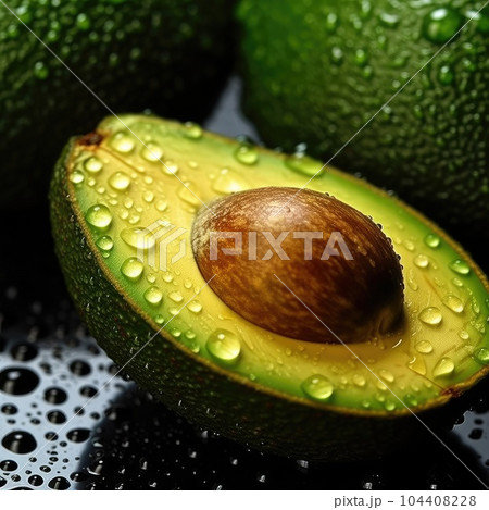 Avocado oil dripping from avocado fruits. Juicy tasty fruit. AI Generation 104408228