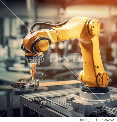 Modern high tech authentic robot arm holding a modern supercomputer processor. Industrial robotic arm End effector holding processor chip. Generative AI 104408232
