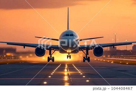 Passengers airplane landing to airport runway on background mountains 104408467