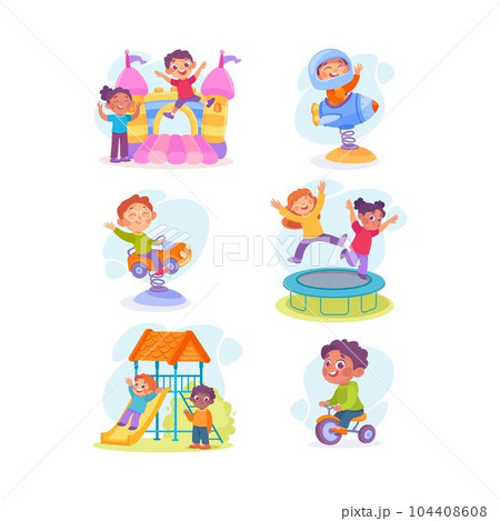Kids in Amusement Park Engaged in Different Entertainment Sliding, Riding and Jumping Trampoline Vector Set 104408608
