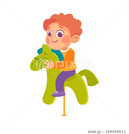 Entertainment with Little Boy in Amusement Park Riding Horse Carousel Vector Illustration 104408611