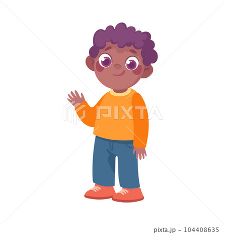 Playful Little Boy Standing Waving Hand Cheering Enjoying Summer Vector Illustration 104408635