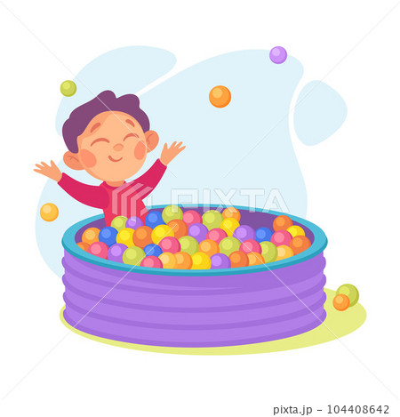 Entertainment with Little Boy in Pool with Balls at Amusement Park Vector Illustration 104408642