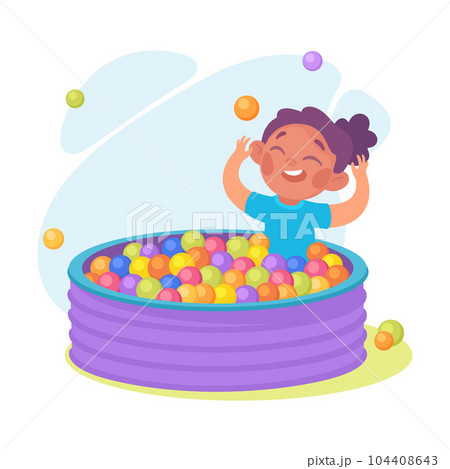 Entertainment with Little Girl in Pool with Balls at Amusement Park Vector Illustration 104408643