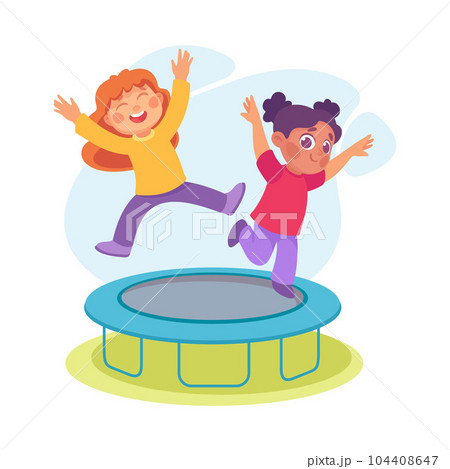 Entertainment with Little Girl in Amusement Park Jumping Trampoline Vector Illustration 104408647