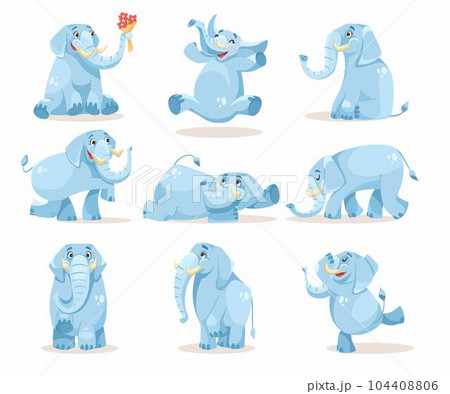 Cute Blue Elephant Character with Large Ear Flaps and Trunk Vector Set 104408806