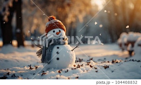 Merry Christmas, Snowman in a winter Christmas scene with snow, Pine trees and warm light. 104408832