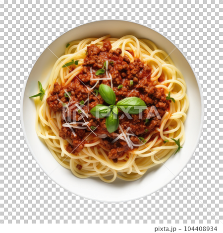 Home made Spaghetti Bolognese made with meat and pasta isolated. Illustration AI Generative 104408934