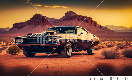 dodge challenger 1970 muscle car in the desert, generative AI 104409418