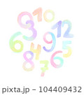 Colorful number composition, hand drawn chalk art on white background. 104409432