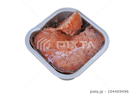 Pate for cats and dogs in metal container. Conserved nutrition. Container isolated on a white background. Top view. 104409496