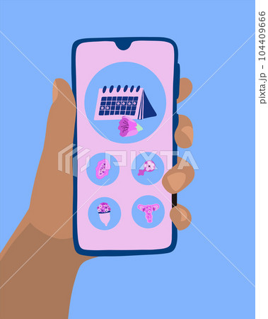 Vector isolated illustration of menstrual calendar. Mobile application of the menstrual cycle. Menstrual calendar online. 104409666