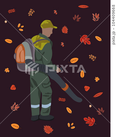 Vector isolated illustration of a man cleaning autumn leaves. Communal services of vacuum cleaning of autumn leaves. 104409668