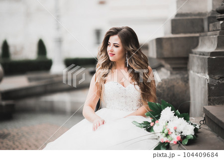 Beautiful fashion bride in wedding dress posing 104409684