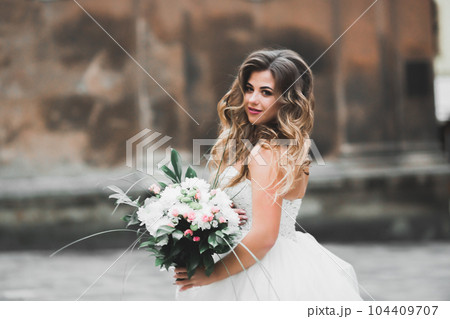 Beautiful fashion bride in wedding dress posing 104409707