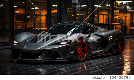 Luxury supercar sports car on the suburban downtown night street. 104409799