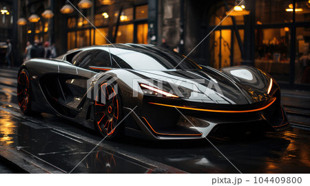 Luxury supercar sports car on the suburban downtown night street. 104409800