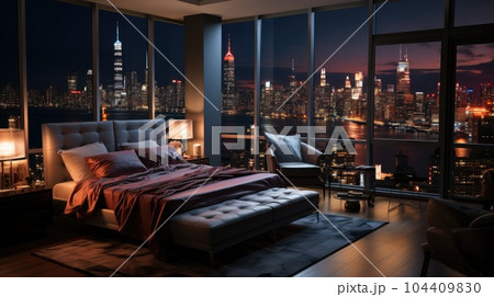 Bedroom with a view of the city outside of the window, Interior of a modern apartment bedroom. Bedroom with a view of the city outside of the window, Interior of a modern apartment bedroom. 104409830