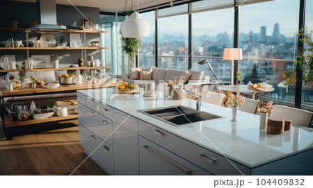Modern apartment kitchen room in new luxury home. 104409832