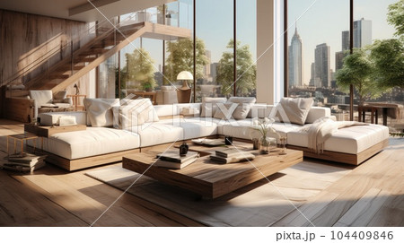 Beautiful and large living room interior with hardwood floors, fluffy rug and designer furniture. Beautiful and large living room interior with hardwood floors, fluffy rug and designer furniture. 104409846
