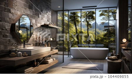 Luxury bathroom with garden view, Showered by natural light in modern style. 104409855