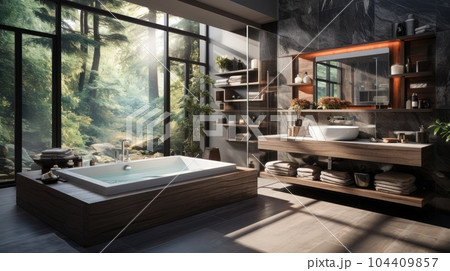 Luxury bathroom with garden view, Showered by natural light in modern style. 104409857