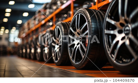 Transportation Tire rubber products, Group of new tires for sale at a tire store. Transportation Tire rubber products, Group of new tires for sale at a tire store. 104409870