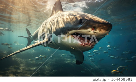 Close up of a big white shark under the sea 104409993