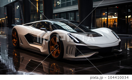 Luxury supercar sports car on the suburban downtown night street. Luxury supercar sports car on the suburban downtown night street. 104410034