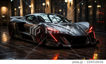 Luxury supercar sports car on the suburban downtown night street. Luxury supercar sports car on the suburban downtown night street. 104410036