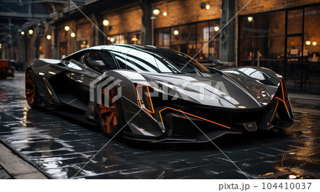 Hypercar, Superfast hypercar is parked in urban. Hypercar, Superfast hypercar is parked in urban. 104410037