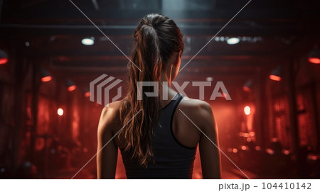 Back side view Woman in gym. 104410142