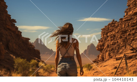 Woman standing alone looking at the desert. 104410143