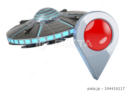 UFO with map pointer. 3D rendering 104410217