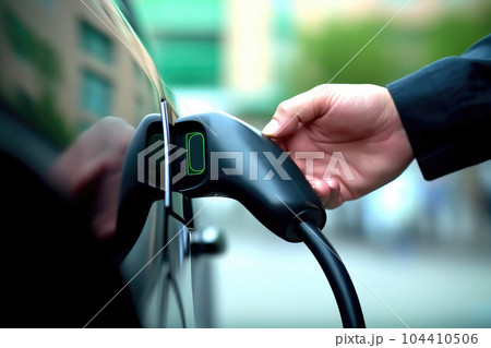 Closeup hand holding EV plug for electric vehicle charging station. Closeup hand holding EV plug for electric vehicle charging station. 104410506