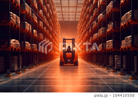 Modern forklift truck at large warehouse, Autoloader in a large modern warehouse. Modern forklift truck at large warehouse, Autoloader in a large modern warehouse. 104410508