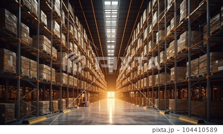 Distribution warehouse with high shelves, Logistics. 104410589