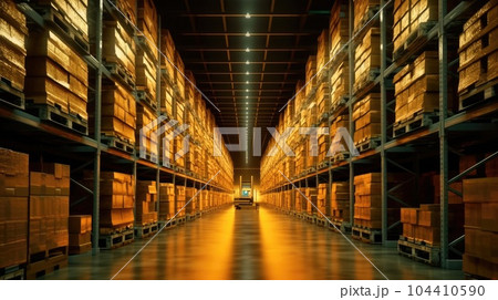 Warehouse with racks and shelves, filled with wooden boxes on pallets. 104410590