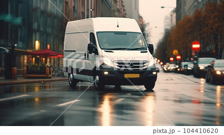 Fast moving cargo car on road, Boxer panel van in on city street. Fast moving cargo car on road, Boxer panel van in on city street. 104410620