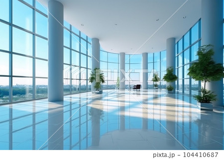 Beautiful modern spacious office hall with panoramic windows and pleasant natural. 104410687