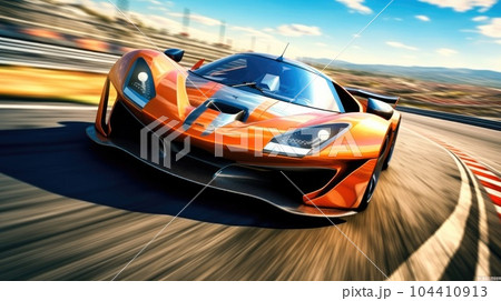 Sports car moving at high speed on a racetrack, There is motion blur to the track. Sports car moving at high speed on a racetrack, There is motion blur to the track. 104410913