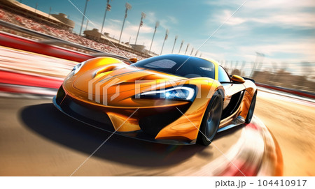 Sports car moving at high speed on a racetrack, There is motion blur to the track. 104410917