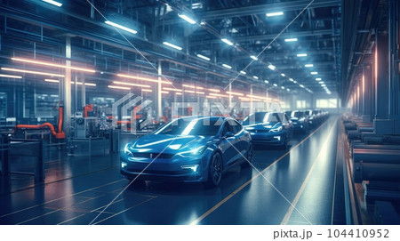 Automobile assembly line production, Unfinished automobiles in a car plant. 104410952