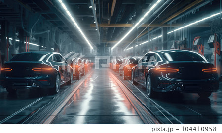 Automobile assembly line production, Unfinished automobiles in a car plant. 104410958