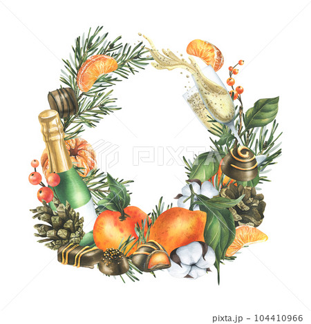 Christmas template wreath tangerines, sweets, spices, champagne and plants. Watercolor illustration, hand drawn for holiday decor. Frame on a white background. 104410966