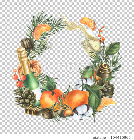 Christmas template wreath tangerines, sweets, spices, champagne and plants. Watercolor illustration, hand drawn for holiday decor. Frame on a white background. 104410966