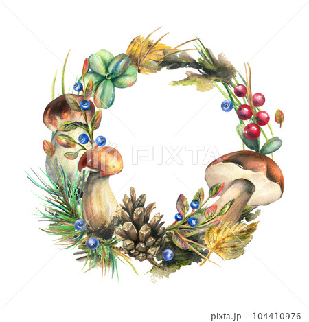Forest mushrooms, boletus and blueberries, lingonberries, twigs, cones, leaves. Watercolor illustration, hand drawn frame, wreath template on a white background Forest mushrooms, boletus and blueberries, lingonberries, twigs, cones, leaves. Watercolor illustration, hand drawn frame, wreath template on a white background 104410976