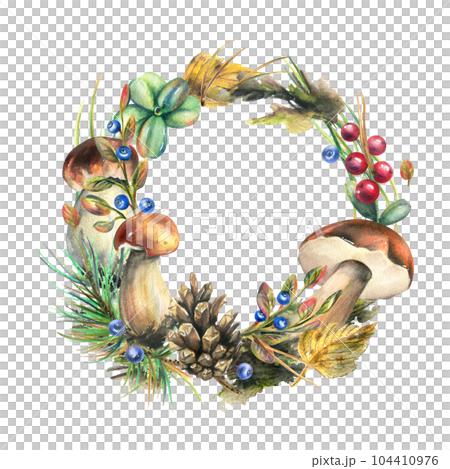 Forest mushrooms, boletus and blueberries, lingonberries, twigs, cones, leaves. Watercolor illustration, hand drawn frame, wreath template on a white background Forest mushrooms, boletus and blueberries, lingonberries, twigs, cones, leaves. Watercolor illustration, hand drawn frame, wreath template on a white background 104410976