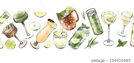 Watercolor frame, cocktail glasses: martini, gin,margarita,mojito,liquor,rum,moscow mule. Hand-drawn illustration isolated on white background. Perfect for recipe lists with alcoholic drinks, for cafe Watercolor frame, cocktail glasses: martini, gin,margarita,mojito,liquor,rum,moscow mule. Hand-drawn illustration isolated on white background. Perfect for recipe lists with alcoholic drinks, for cafe 104410985